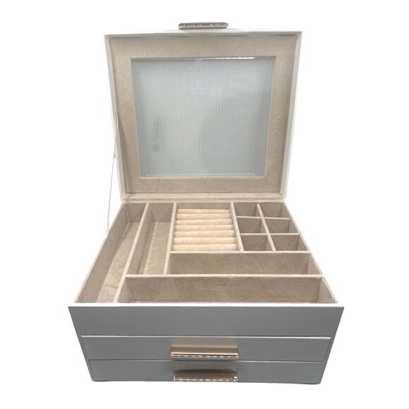 Glass Lid 3-Layer Jewelry Box Organizer - 8” x 9.1” x 5.3” - White - Picture 3 of 8